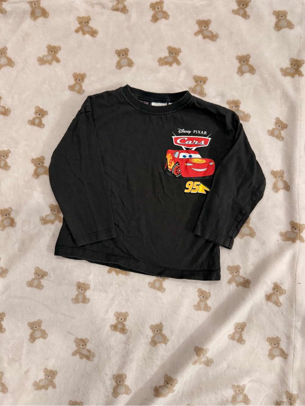 Zara Black Long-Sleeve Kids Tee with Red & Yellow Car Graphic